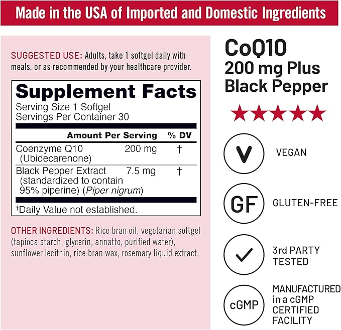 NatureWise CoQ10 200mg Softgels, High Absorption Coenzyme Q10 with BioPerine Black Pepper - Antioxidant for Heart Health + Cellular Energy - Vegan, Non-GMO, Gluten-Free - 30 Count[1-Month Supply]