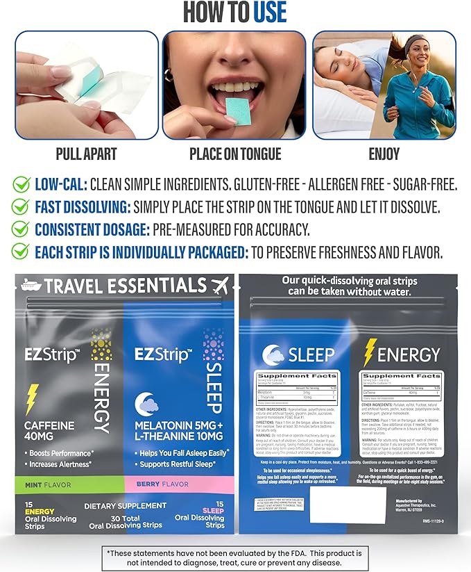 Travel Pack with Energy & Sleep Supplements - 30 Count - Portable Pack with Caffeine Strips for Energy and Melatonin Strips for Sleep Support During Travel - Made in USA, Sugar & Gluten Free