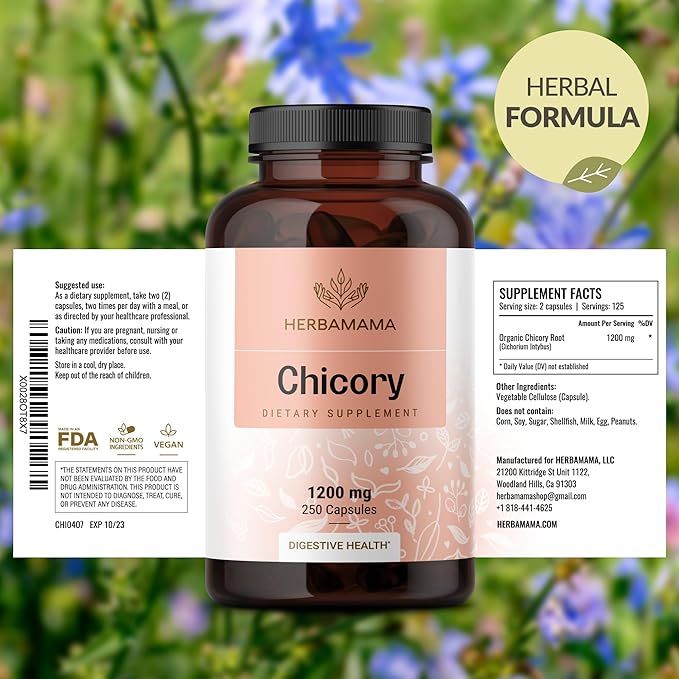 HERBAMAMA Chicory Root Fiber Capsules - 1200mg Chicory Root Powder for Gut Cleanse & Digestive Support - Vegan, Non-GMO Inulin Prebiotic Fiber Supplement, 250 Caps