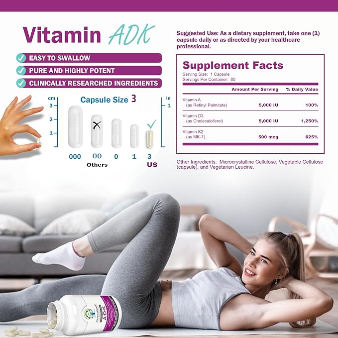 ADK Vitamin Supplement 5000 IU - High Potency Vitamins A, D3, and K2 for Bone Health and Calcium Absorption | Gluten-Free Vitamin ADK Supplement, 60 Day Supply, 60 Capsules