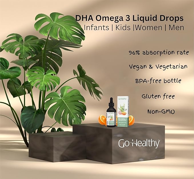 Go Healthy DHA Omega 3 Supplement Liquid Drops for Kids, Children, Infants & Adults - Vegan Omega 3 Fish Oil Alternative, Orange Flavor, 30,000 mg DHA per Bottle 30-120 Servings