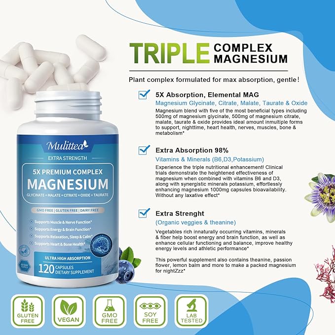 Magnesium Complex Chelated Magnesium Glycinate w/Malate, Taurate& Herbal Extracts for Support Sleep, Muscle,Cortisol & Heart Health, Gluten Free, Vegan, Non GMO, High Absorption,120 Capsules