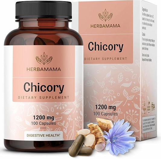 HERBAMAMA Chicory Root Fiber Capsules - 1200mg Chicory Root Powder for Gut Cleanse & Digestive Support - Vegan, Non-GMO Inulin Prebiotic Fiber Supplement, 100 Caps