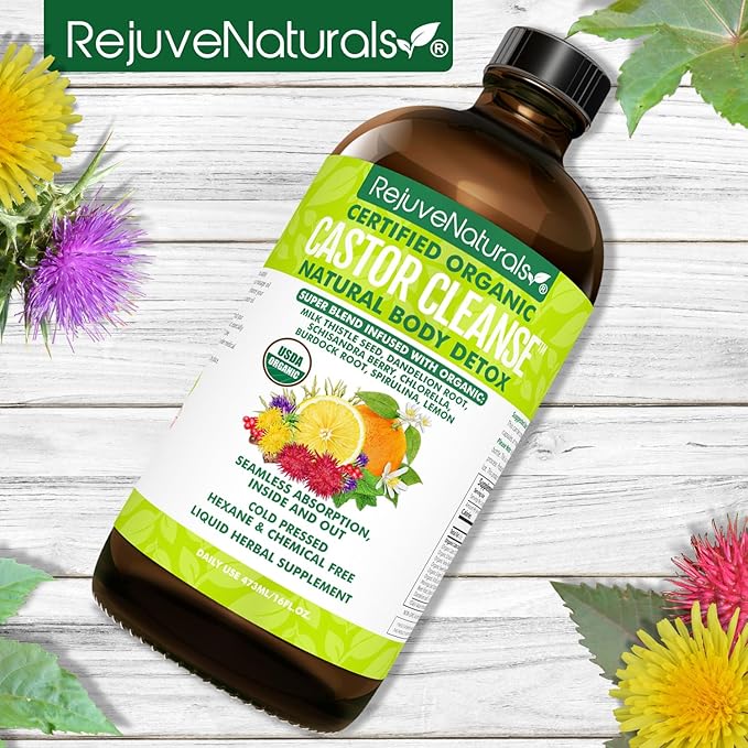 RejuveNaturals Castor Cleanse™ - USDA Organic Castor Oil, Chlorella, Spirulina, Roots & Greens for Wellness, Digestive Support, Daily Balance. 3-Month Supply Gut Cleanse Detox for Women & Men - 16oz.