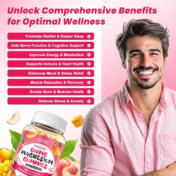 Magnesium Glycinate Gummies 600mg, Magnesium L-Threonate Supplement for Kids & Adults - Vitamin D3 K2 Zinc for Sleep Calm Muscle Relaxation Cognitive - Sugar Free Peach & Mango Center-Filled Gummies