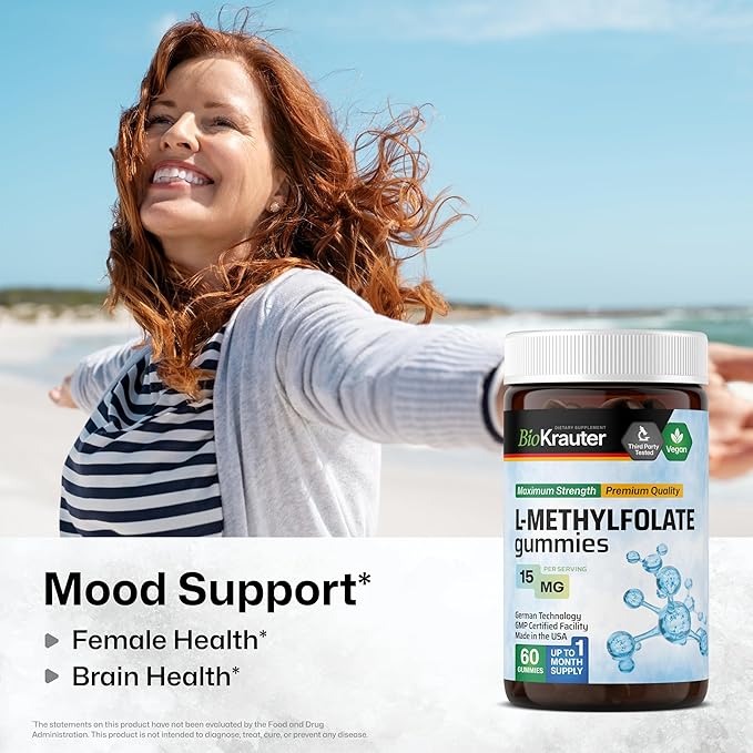 BIO KRAUTER L Methylfolate Gummies - 25 mg DFE - 60 Vegan Chews - MTHF Supplement - Folate Supplement - Folic Acid Gummies (Vitamin B9) - Gelatine-Free Formula
