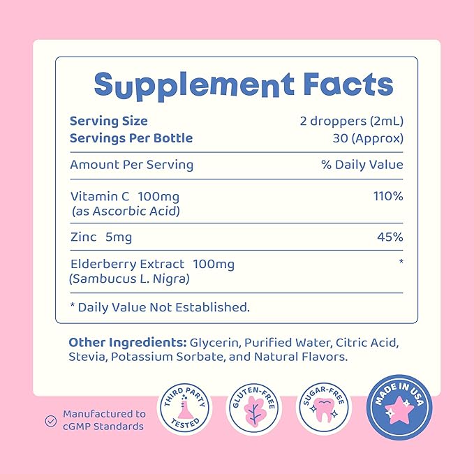 JoySpring Vitamin C and Zinc for Kids, Elderberry Liquid Supplement | Alcohol-Free Toddler Vitamin C | 2+ Years | (4 fl oz) 60 Servings