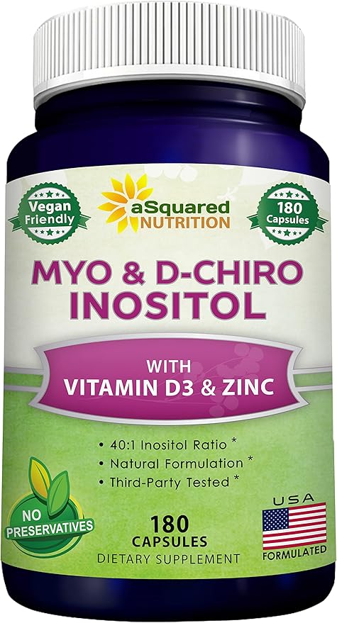 aSquared Nutrition Myo-Inositol & D-Chiro Inositol Supplement - 180 Capsules - Plus Vitamin D3 and Zinc - Myo & D-Chiro Inositol 40 to 1 Ratio - VIT B8 Complex Pills