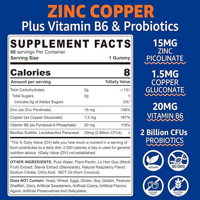 Zinc Gummies with Copper + Probiotics, Vitamin B6 for Max Absorption, Zinc Supplements for Men and Women, Two Essential Minerals Balance Formula for Immunity and Gut Health, Vegan, Non-GMO, 60 Cts