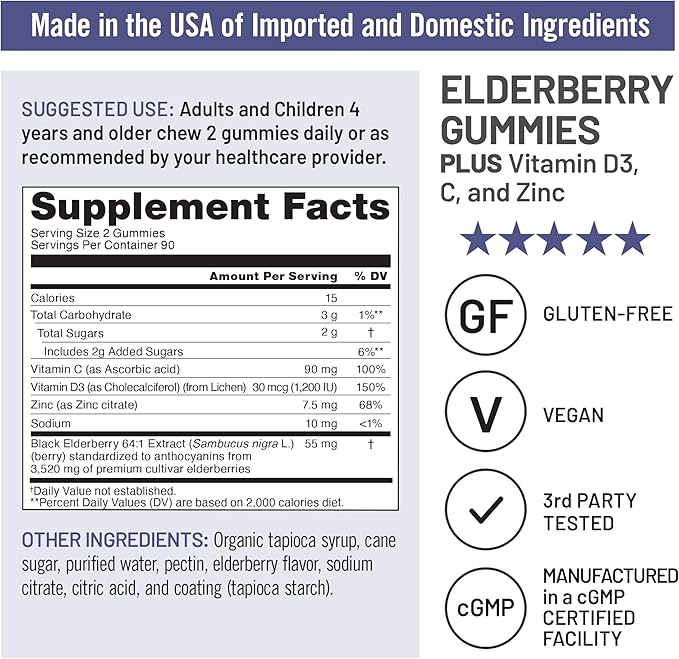 NatureWise Sambucus Elderberry Gummies - Immune Support Supplement for Kids Ages 4+ & Adults with Vitamin C, D3, Zinc - Elderberries Equivalent to 3520mg - Vegan, Non-GMO - 180 Count[90-Day Supply]