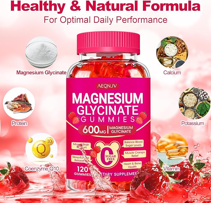 Magnesium Glycinate Gummies 600mg, Chewable Sugar Free Gummies with Magnesium Glycinate, Vitamin D, B6 and CoQ10 for Sleep, Relaxation, Brain and Muscle, 2 Pack