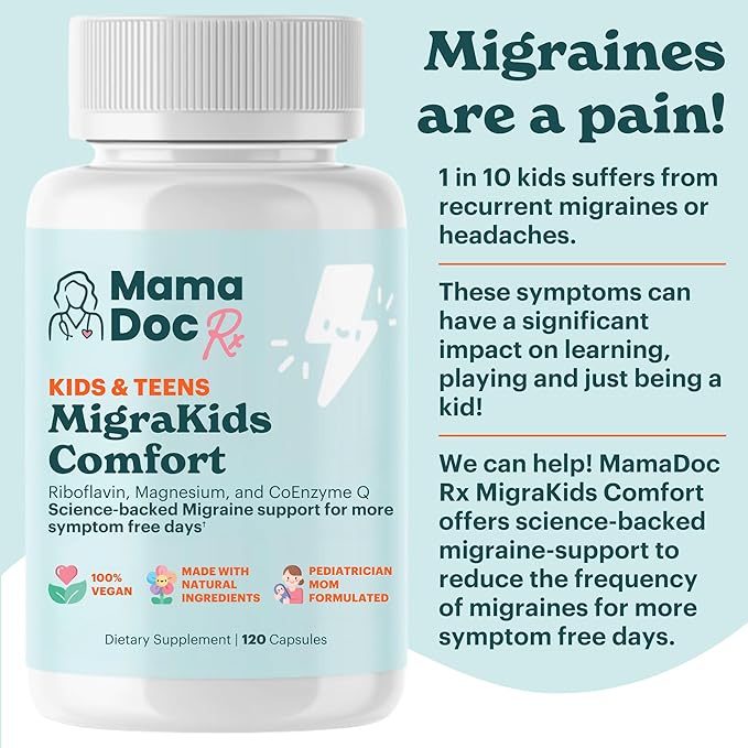 MigraKids Comfort | Riboflavin, Magnesium & CoEnzyme Q10 | Pediatric Science-Backed Migraine Support | Kids and Teens, Ages 6+ | 120 Capsules