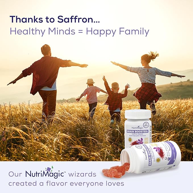 Brain Booster+ 30mg Pure Saffron Extract Gummies & Multivitamin D3, B6, B12, Zinc, Supports Kids Focus, Memory, Attention & Mood Balance - Promotes Brain Health Support, 60x Non-GMO Gummy