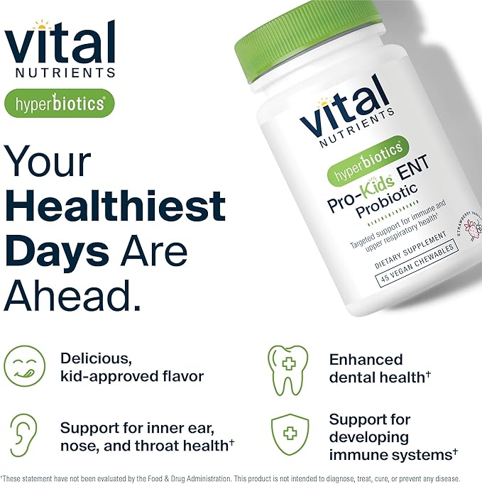 Hyperbiotics Vital Nutrients Pro Kids Probiotic ENT | Toddler Probiotics for Kids Ear, Nose and Throat | Targeted Immune and Digestive Health | Strawberry-Vanilla 45 Sugar-Free Chewable Tablets