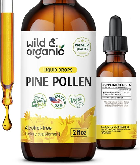 Wild & Organic Pine Pollen Tincture - Immune Support Supplement w/Pine Pollen - Liquid Drops w/Wildcrafted Scots Pine Pollen & Pinus Sylvestris - Antioxidants Supplement w/Pine Pollen Extract 2 oz