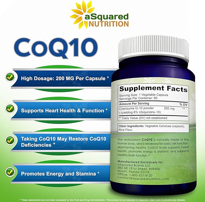 aSquared Nutrition CoQ10 200mg - 60 Capsules - CO Q 10 Supplement - Coenzyme Q10 Ubiquinone Pills - Vegan CoQ-10 Extra Antioxidant Vitamin - Alternative to Softgels & Gummies