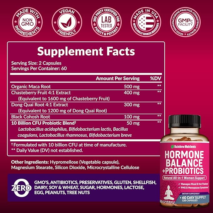 Hormone Balance + Probiotics for Women- Natural Menopause Relief, Weight Management, Bloating, Hot Flashes, PMS | Organic Maca, Chasteberry, Dong Quai & Black Cohosh | Non GMO |120 V Capsules