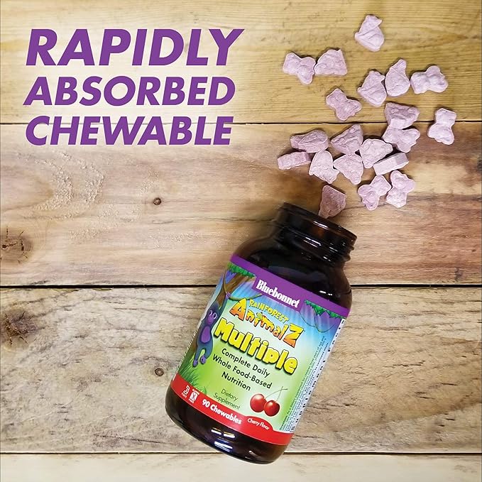 Bluebonnet RainForest Animalz Multiple Complete Daily WholeFood Based Supplement Blend Multivitamin & Essential Minerals for Immune Health & Nutrient Support - Gluten-Free - 90 Cherry Chewable Tablets