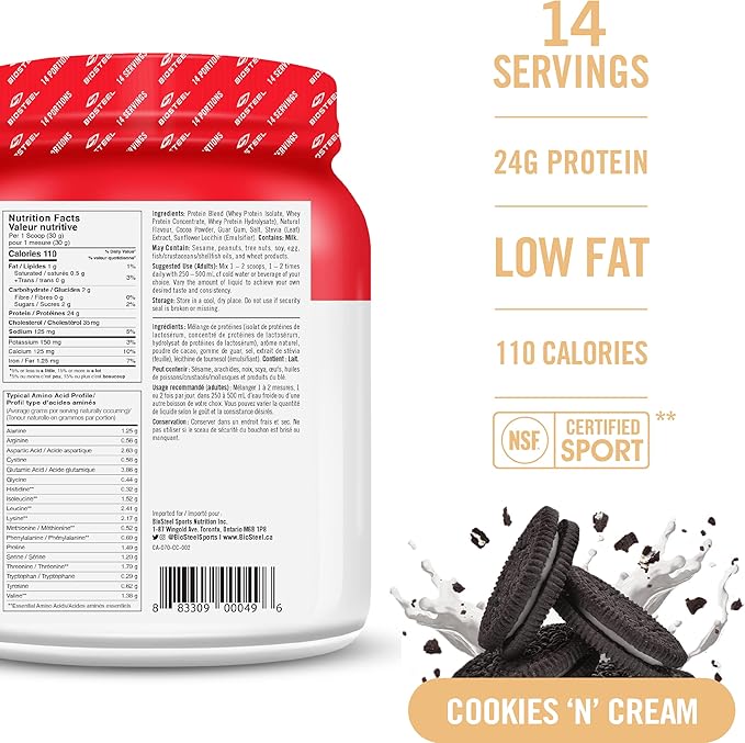 BIOSTEEL Sports 100% Whey Protein Powder, rBGH Hormone Free and Non-GMO Post Workout Formula, Cookies & Cream Flavour, 14 Servings, Brown