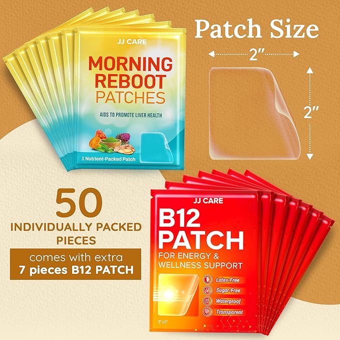 JJ CARE Morning Reboot Patch 50 pcs Individually Wrapped (with 7 pcs B12), Wake Up with Ease,Best Before & Post Party, Skin-Friendly Recovery Formula