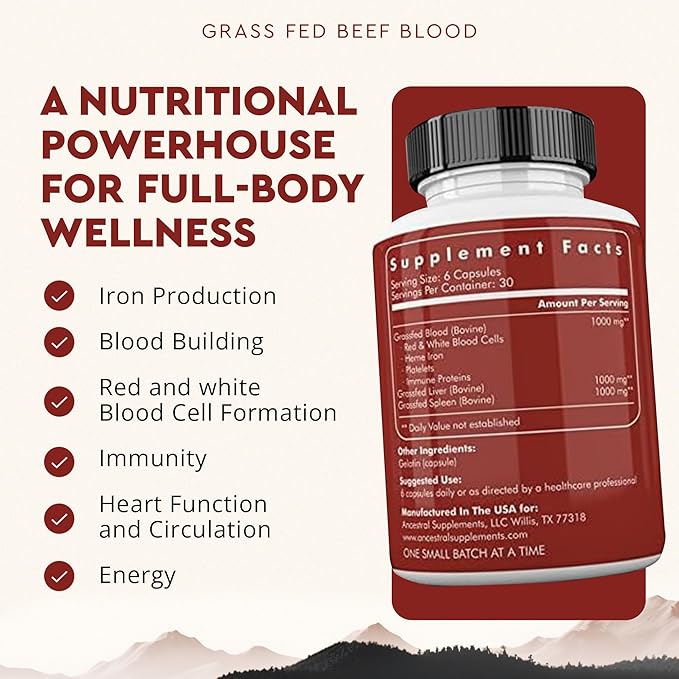 Ancestral Supplements Grass Fed Blood is Blood, Liver & Spleen Formula, 500mg, Grass Fed Beef Supplement, Red & White Blood Cell Formation, Immune and Heart Health Support, Non GMO, 180 Capsules