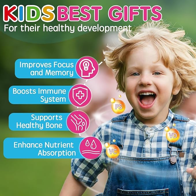 Phosphatidylserine Supplement 100mg, Focus Gummies for Kids Teens + Vitamin C & D3 400IU, Sugar Free Kids Brain Gummies Increase Attention & Concentration, Chewable, Vegan, Gluten Free, Non-GMO 2 Pack