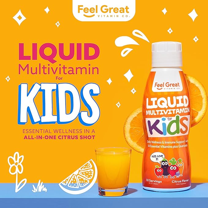 Feel Great Liquid Multivitamin for Kids | Orange Flavored Vegetarian & Sugar Free Kids Liquid Vitamin | Essential Kids Vitamins & Immune Support for Kids | 30 Day Supply