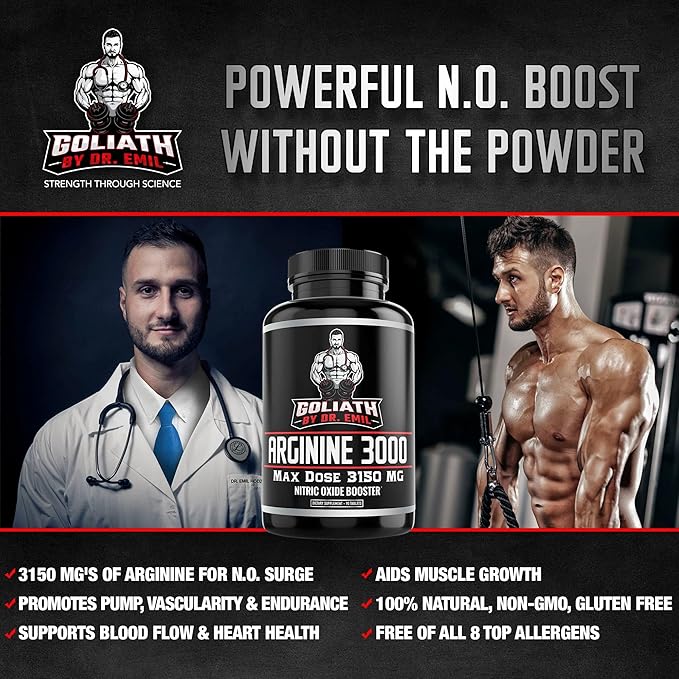 Dr. Emil - L Arginine (3150mg) Highest Capsule Dose - Nitric Oxide Supplement for Vascularity, Endurance and Heart Health (AAKG and HCL) - 90 Tablets