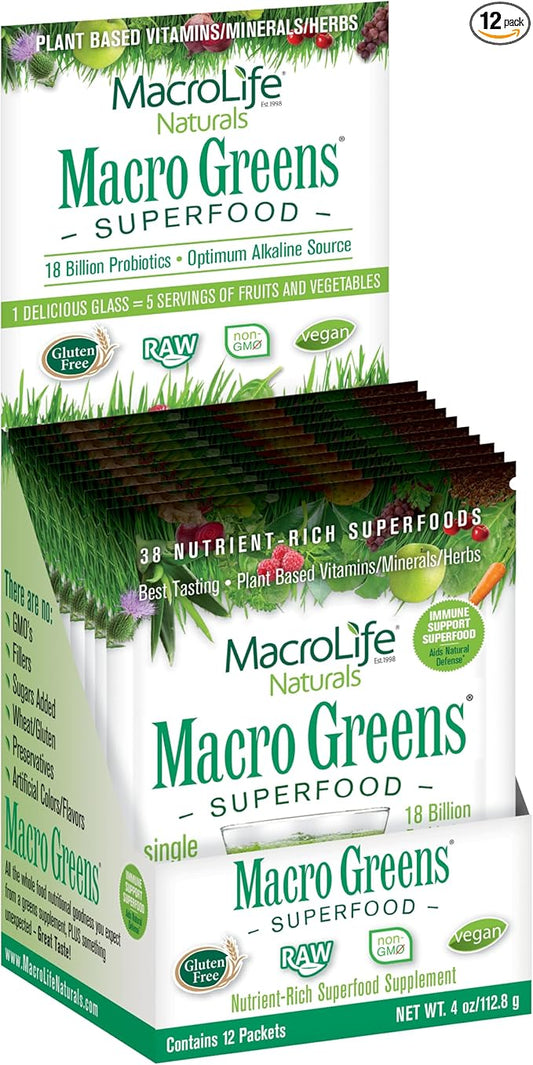 MacroLife Naturals Macro Greens Powder 38 Superfood Probiotic Antioxidant Enzyme & Herbal Supplement Immunity Energy Cleanse - Non-GMO Vegan Gluten-Free Dairy-Free - 12 Packet Servings