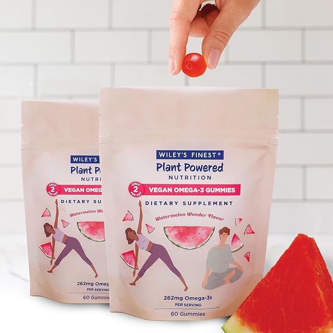 Wiley's Finest Vegan Omega-3 Gummies - Natural Sugar - Vegetarian DHA, ALA & SDA - Gluten Free - Watermelon Flavor, 60 Gummies