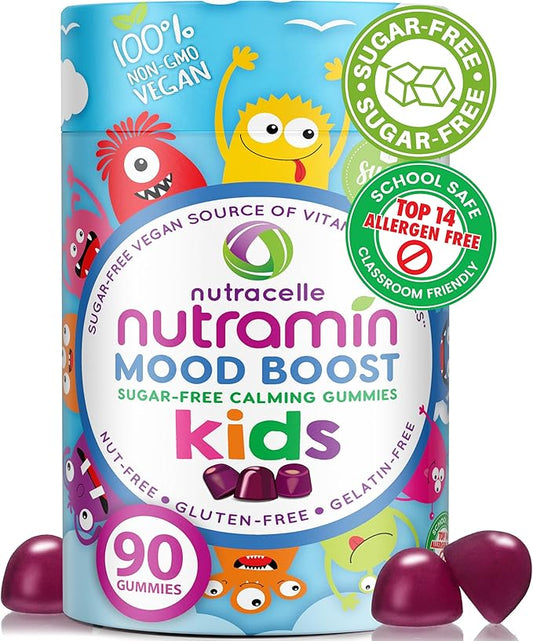 NUTRAMIN Kids Mood Boost Vegam Vitamin Gummy: Calming Magnesium Citrate Supplement for Children with Ashwagandha & Vitamin B Complex to Relax & Focus - Sugar-Free, Allergy-Safe, Non-GMO 90 ct