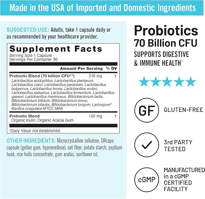 NatureWise Probiotics 70 Billion CFU - 17 Strains + Organic Prebiotics - Immune, Digestive & Gut Health Support for Women & Men - Vegetarian, Gluten-Free, Non-GMO - 30 Capsules[1-Month Supply]