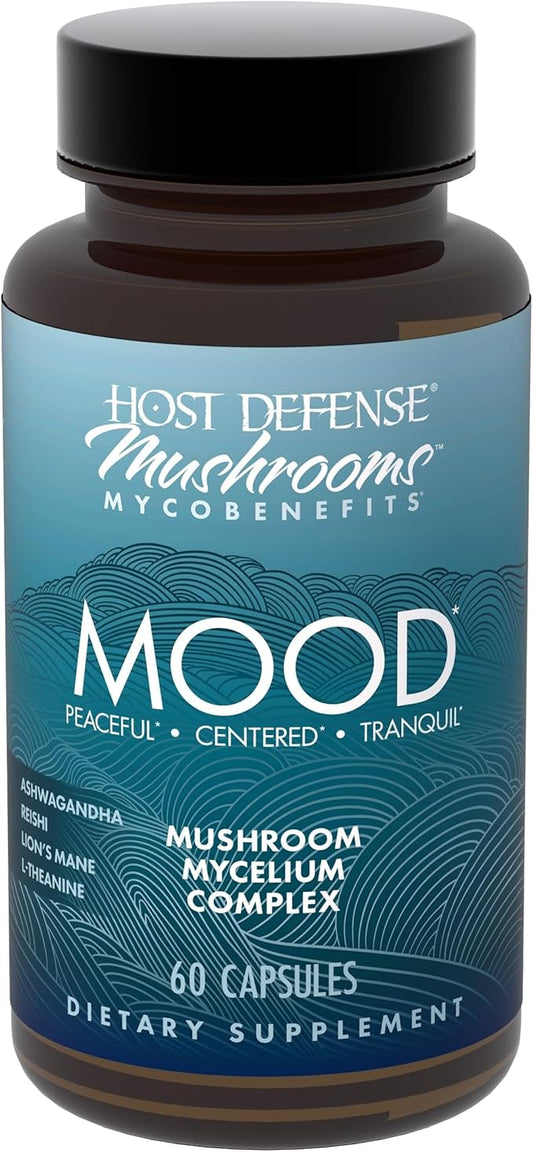 Host Defense MycoBenefits Mood* Capsules - Healthy Mind Support with Lion's Mane, L-Theanine & Ashwagandha - Relaxing & Calming Supplement - 60 Capsules (30 Servings)*