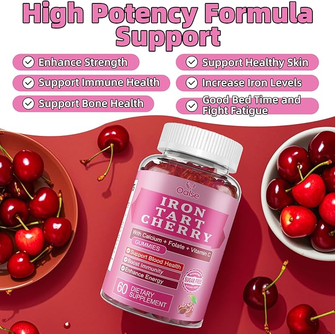 Tart Cherry Iron Supplement for Women & Men, Iron Gummies with Calcium, Zinc, Folate & Vitamin C & B12 for Immune Support, (60 Count) - Sugar Free,Vegan (Mothers Day Gifts for Mom)