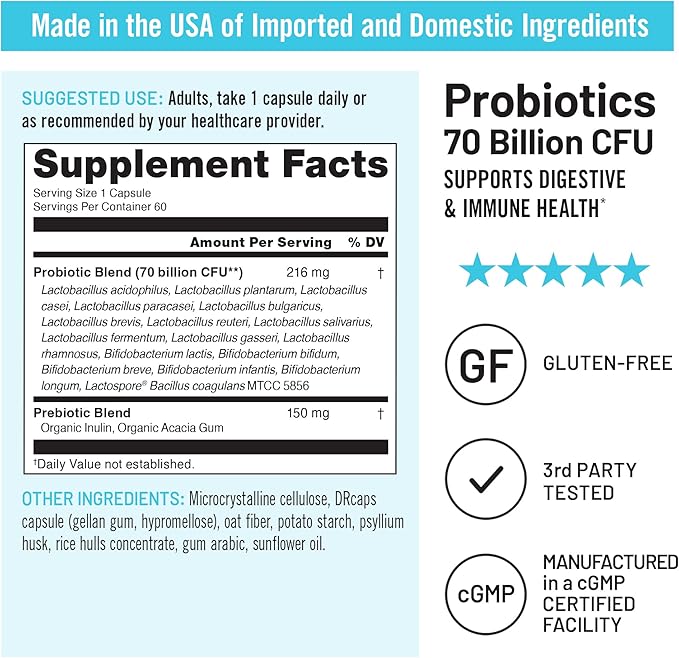 NatureWise Probiotics 70 Billion CFU - 17 Strains + Organic Prebiotics - Immune, Digestive & Gut Health Support for Women & Men - Vegetarian, Gluten-Free, Non-GMO - 60 Capsules[2-Month Supply]