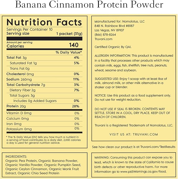 Truvani Vegan Pea Protein Powder | Banana Cinnamon | 20g Organic Plant Based Protein | 10 Travel Packets | Keto | Gluten & Dairy Free | Low Carb | No Added Sugar