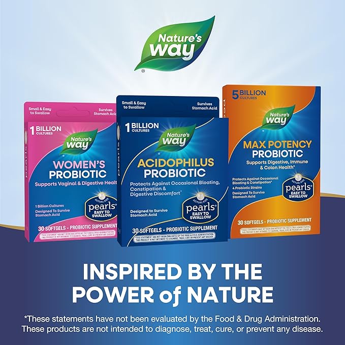 Nature's Way Acidophilus Probiotic Pearls, Supports Digestive Balance and Gut Health*, Protects Against Occasional Constipation and Bloating*, 1 Billion Live Cultures, 30 Softgels (Packaging May Vary)