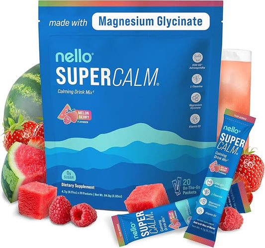 Supercalm Drink Mix - Ashwagandha KSM 66, Magnesium Glycinate & L-Theanine Supplement - Ashwagandha Root Extract - Focus and Relaxation Support (20 Travel Packets) - Melon Berry