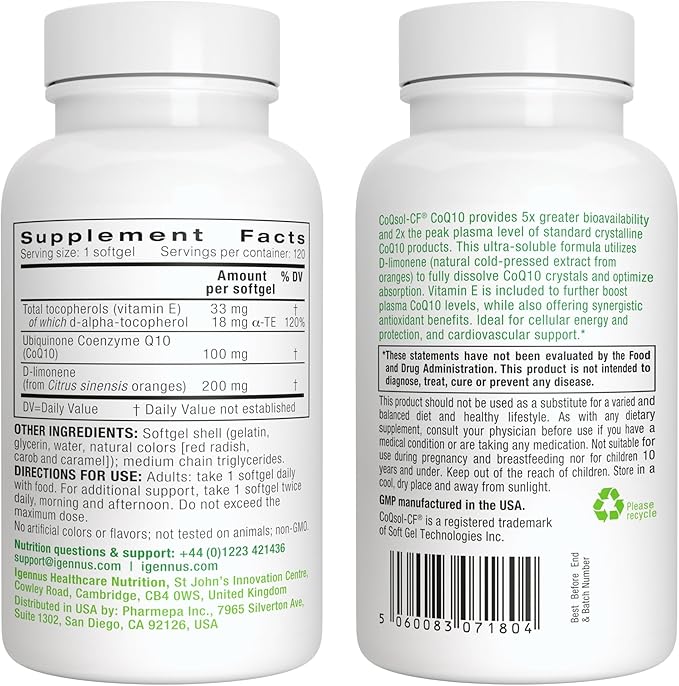 Igennus Advanced CoQ10 100mg, 5X Bioavailability CoQsol-CF Boosted with D-Limonene, 120 1-a-Day Servings, Heart & Energy, Ubiquinone Coenzyme Q10 & Vitamin E Antioxidant