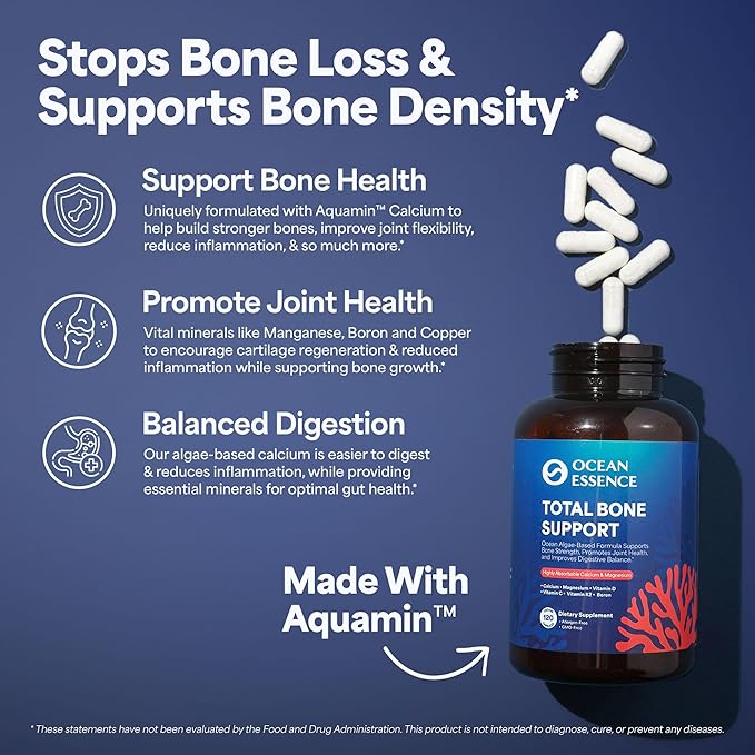OCEAN ESSENCE Total Bone Support - Plant-Based Algae Calcium Supplement for Supporting Bone Density & Strength - for Men & Women 35+ - 120 Natural Calcium Capsules - Vitamins for Optimal Health