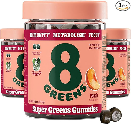 8Greens Supergreens Gummies | Super Greens Powder Superfood Gummy for Metabolism, Immunity & Focus, Digestive Health Enzymes, Organic: Chlorella, Spirulina, Aloe Vera, Peach Flavor, 150 Count