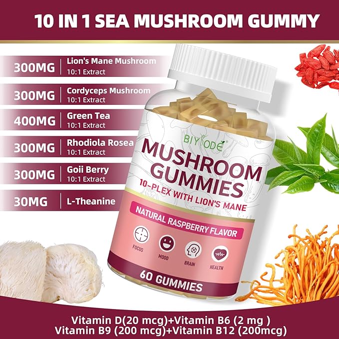 10x Mushroom Gummies: Sugar-Free Adaptogenic Blend with Lion's Mane Reishi Cordyceps Chaga for Stress Relief Focus Natural Calmness 1600mg per Serving 60 Count