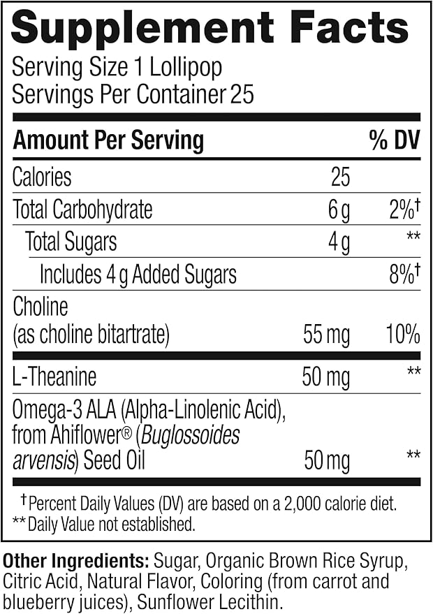 OLLY Mellow Buddies L’OLLY Pops, Omega-3 ALA, L-Theanine, Choline, Kids Dietary Supplement Lollipops, Supports a Calm Mood & Healthy Brain Function, Vegetarian, Raspberry Flavored, 25 Count