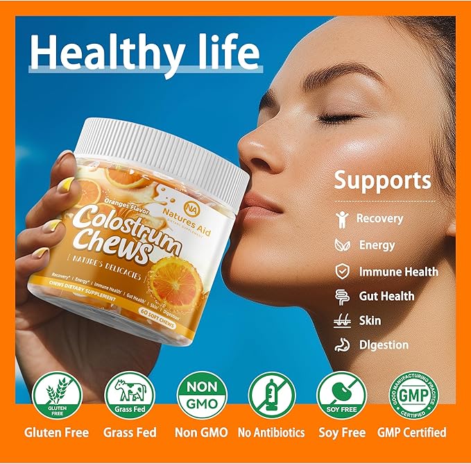 Colostrum Chews Supplement with probiotics for Gut Health, Bloating, Immune Support, Skin, Hair Growth and Beauty - Orange Flavor (60 Servings)