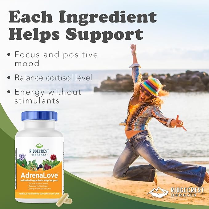 Ridgecrest Herbals AdrenaLove, Stress and Energy Support Supplement with Ashwagandha, L-Theanine, Ginseng, Schisandra, Taurine, Holy Basil, Adaptogens, B Vitamins (60 Vegan Caps, 30 Serv)