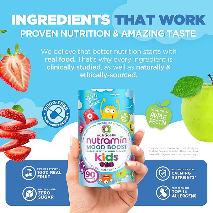NUTRAMIN Kids Mood Boost Vegam Vitamin Gummy: Calming Magnesium Citrate Supplement for Children with Ashwagandha & Vitamin B Complex to Relax & Focus - Sugar-Free, Allergy-Safe, Non-GMO 90 ct