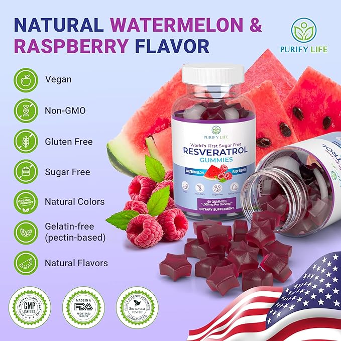 Purify Life Sugar-Free Resveratrol Gummies - Potent 1500mg Resveratrol Supplement to Support Digestive & Immune Health - Supplement for Antioxidant Support, Cell Regenerator & Repair