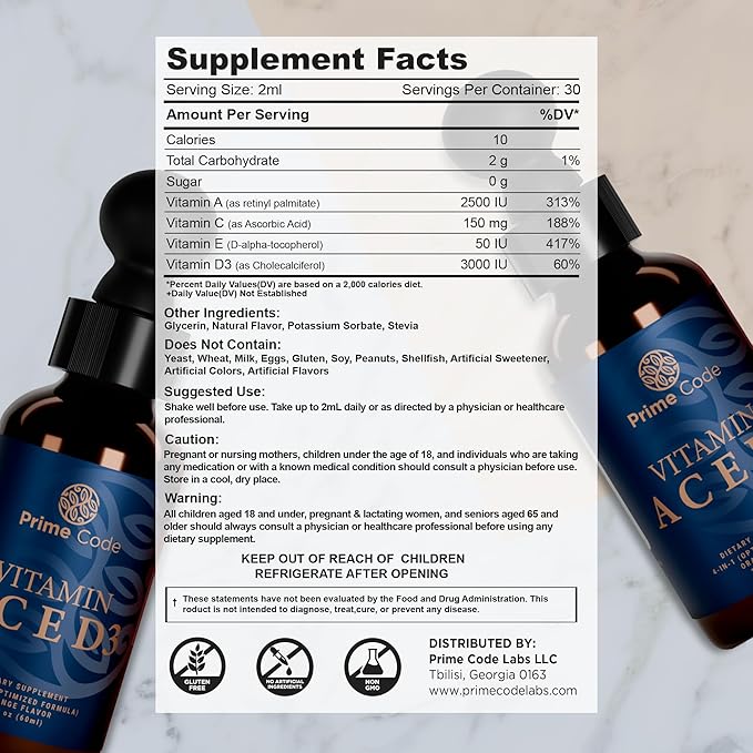 Prime Code Iron Gummies for Women & Men with Vitamin B12, Liquid Vitamin B1 Drops with Vitamin B3 B6 & B12, Liquid Vitamin A Supplement for Women & Men with Vitamin C E and D3