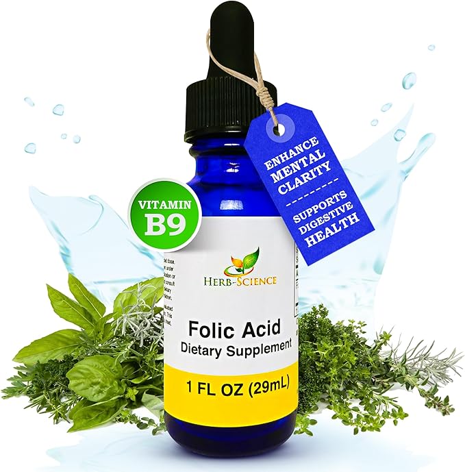 Liquid Vitamin B9 Folic Acid Supplements - VIT B Drops for Brain & Digestive Function, Liver Support - Gluten-Free, Non-GMO, Vegan - Nutritional Supplement for Adults - 1 fl. oz.