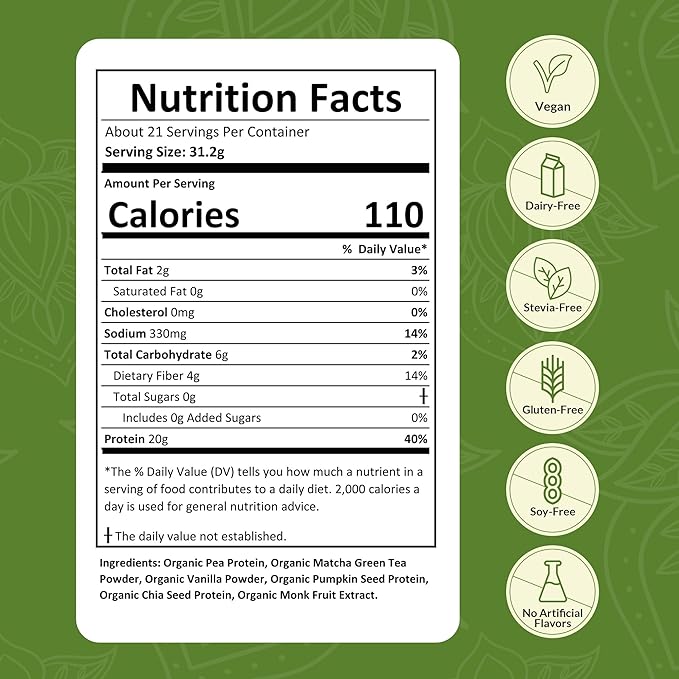 Organic Vegan Protein Powder Sample Pack - Plant-Based Protein, Gluten-Free, Non GMO, 20g Protein Per Serving, Great for Smoothies & Shakes (Matcha, Pack of 8)